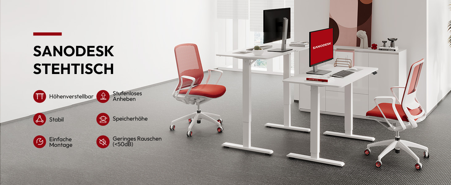 Регульований стіл Sanodesk 110x54 см – компактний стоячий стіл з аксесуарами, для маленьких приміщень, з антиколізійним захистом (білий)