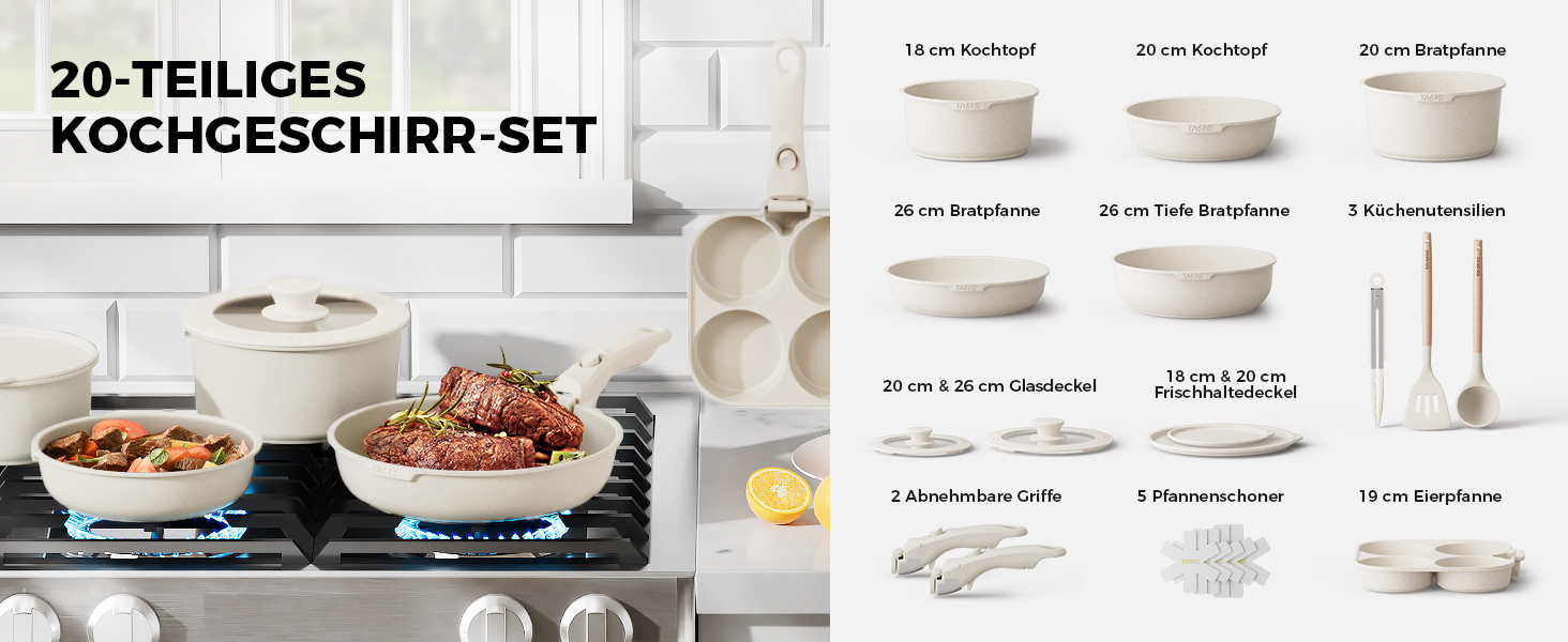 Набір посуду YASHE 20 предметів: каструлі та сковорідки з знімними ручками, антипригарне покриття, індукційний, до 230°C, для миття в посудомийній машині, сірий та білий