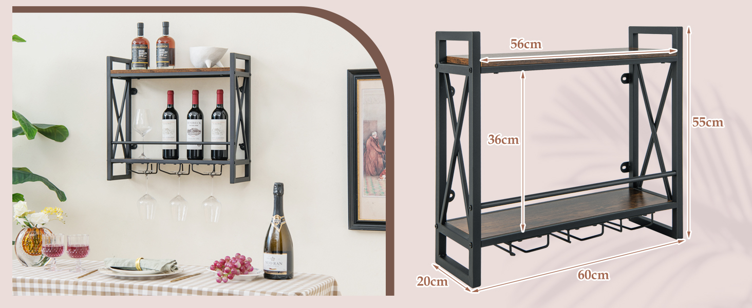 Стильна полиця для вина Komfotteu на стіну, дерев'яна з металевим каркасом, з тримачем для келихів, 60 x 20 x 55 см