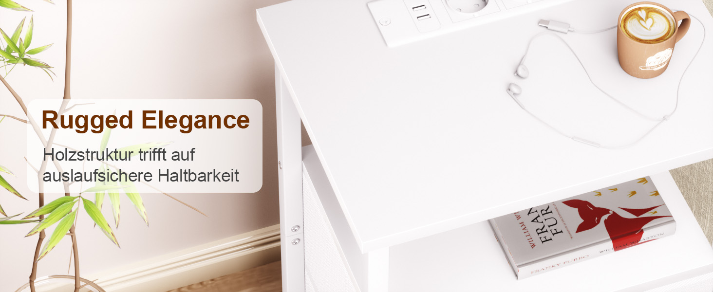 Нічний столик AMHANCIBLE з підзарядкою, приліжкові столики з висувними ящиками з тканини, журнальний столик з відкритою полицею, з 2 USB-портами та 2 розетками, для спальні та вітальні, HETS020GY-1 (Білий)