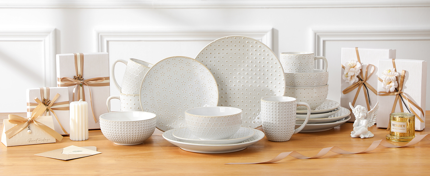 Набір посуду Malacasa LYDIA Beige для 4 осіб (16 предметів) - набір посуду з кераміки з рельєфом, сучасний сервіз