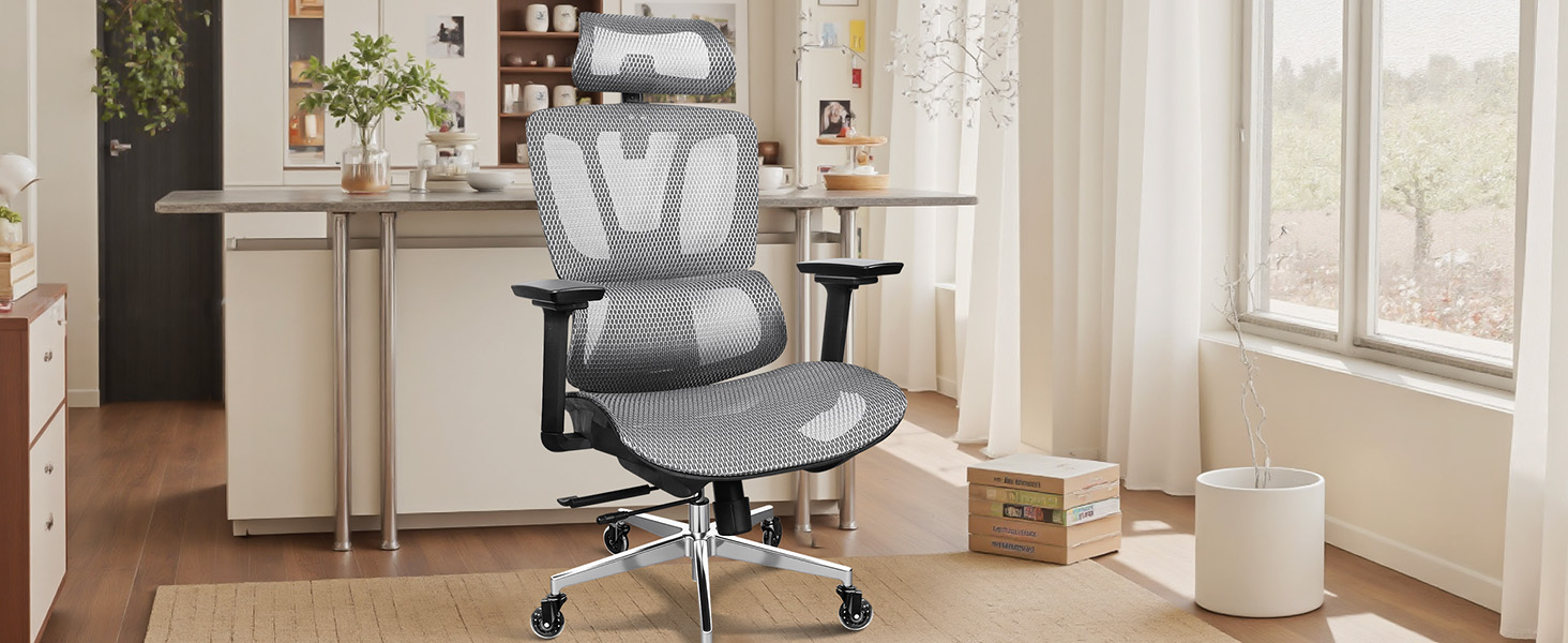 Ергономічне крісло для офісу та дому, 4D підлокітники, регулювання глибини сидіння, 4-рівневий нахил, гумові колеса, сітчасте сидіння, висока спинка, для великих людей, Homeoffice & Gaming (Сірий, сітчасте сидіння)