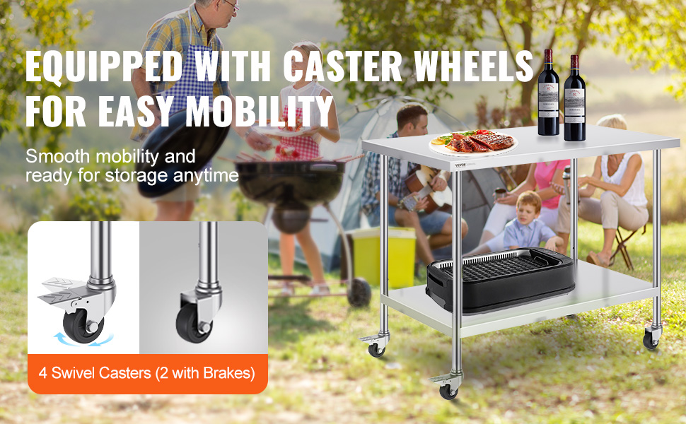Стол з нержавіючої сталі VEVOR 90x60x85 см, з 4 колесами, регульована висота, для приготування їжі, срібний