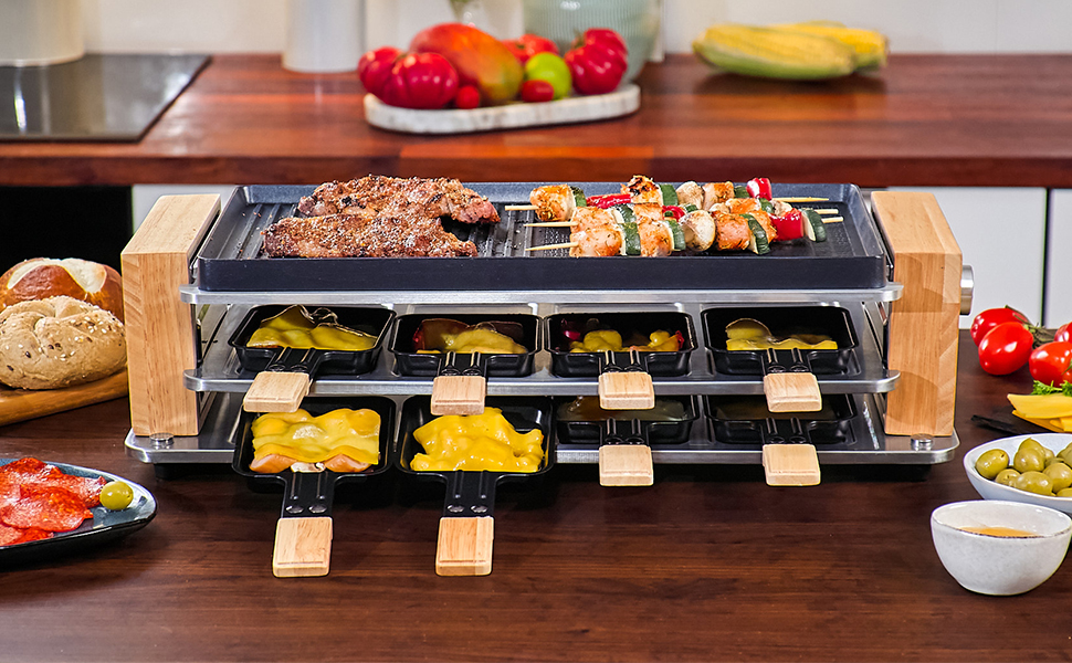 Раглеті гриль COKLAI на 8 осіб з антипригарним покриттям, для вечірок, з регулюванням температури, 8 сковородок та дерев'яними шпателями