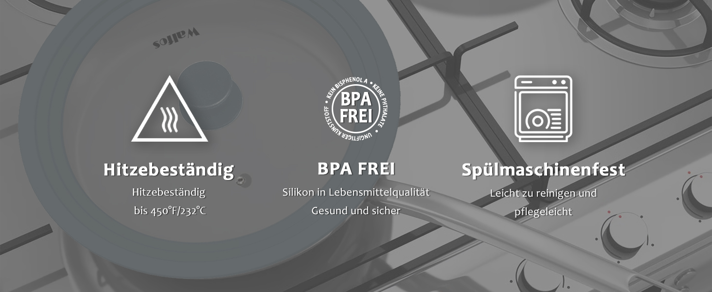 Універсальна скляна кришка для каструль та сковорідок Walfos з силіконовим обідком, термостійка, сіра (діаметр 33, 36, 38 см)