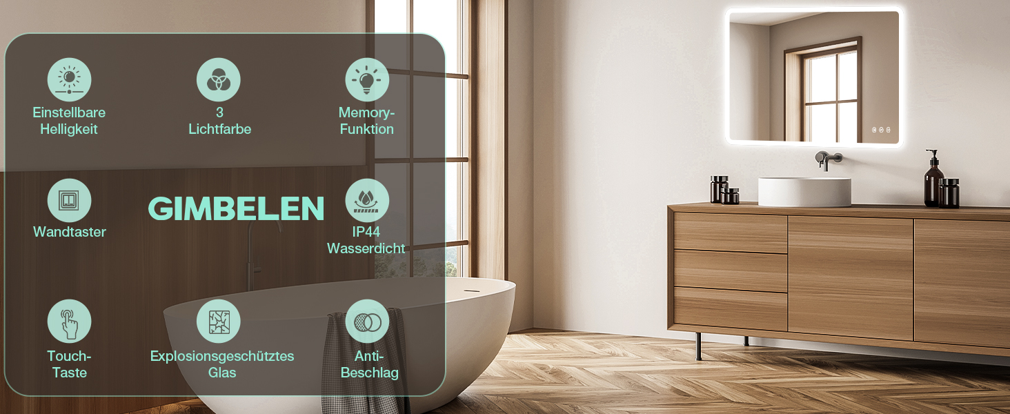 Дзеркало для ванної кімнати GIMBELEN LED з підсвічуванням 80x60 см, прямокутне, сенсорне керування, регулювання яскравості, 3 кольори світла, антизапарник, вертикальна/горизонтальна установка