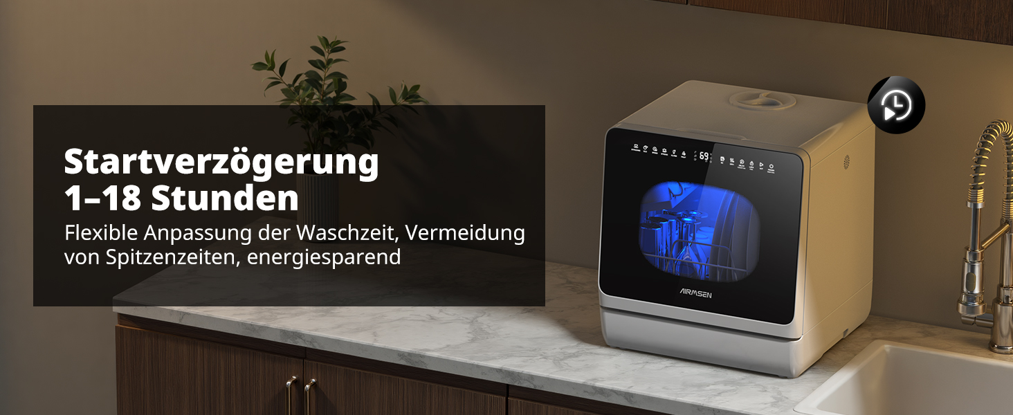 Mini посудомийна машина AIRMSEN з 8+3 програмами, 5л, система пом'якшення води, таймер, дитячий замок, білий/чорний