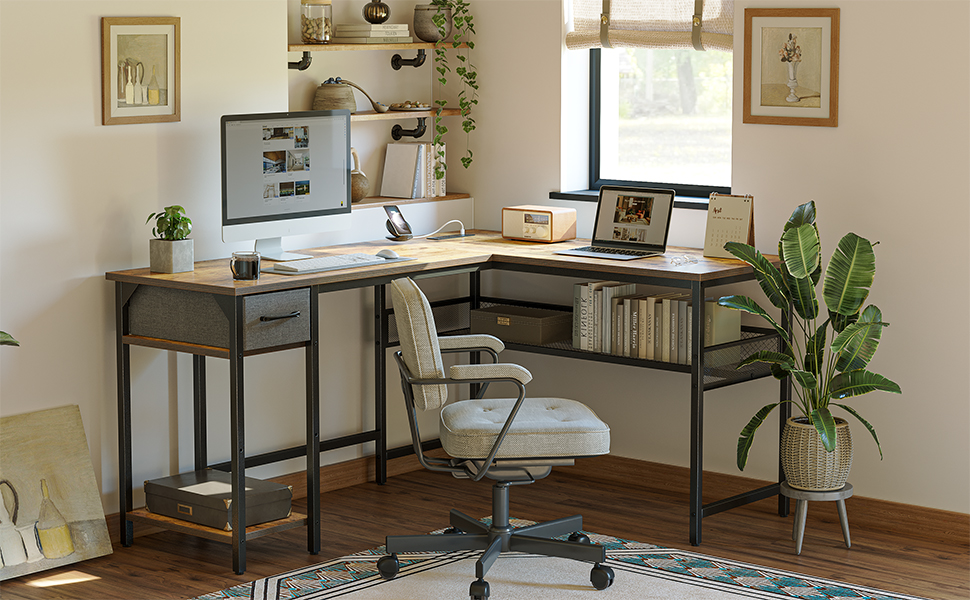 Комп'ютерний стіл CubiCubi L-подібний з розеткою, 148 x 120 см, коричневий, вінтажний, для офісу та дому