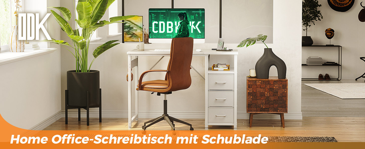 Комп'ютерний стіл ODK з 3 висувними ящиками, 100x48x75.5 см, з розетками та USB, білий. Перевертається, для дому та офісу