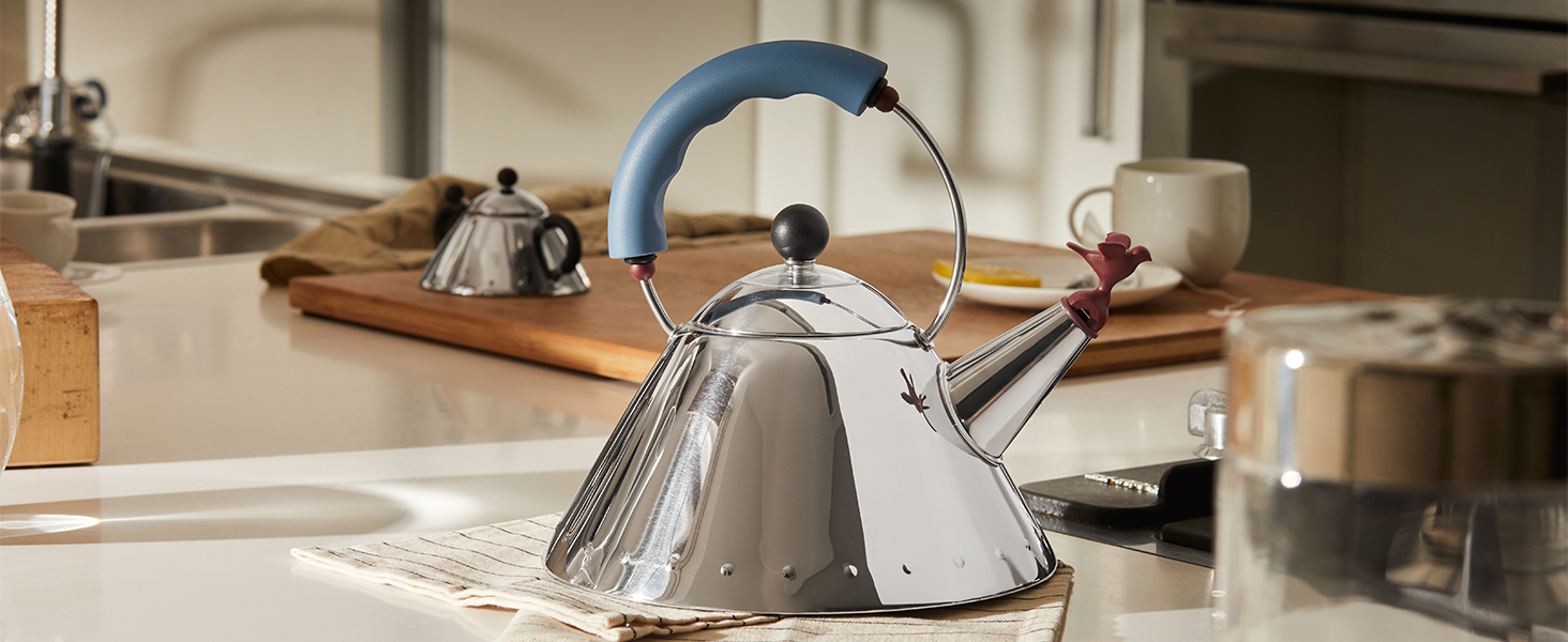 Чайник Alessi 9093/1 LAZ зі сталі 18/10 для індукційних плит, світло-блакитний, з магнітним дном та свистком у формі пташки