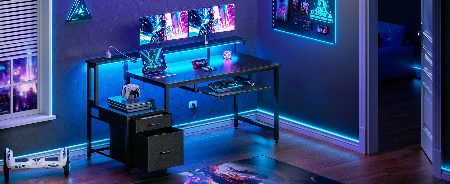 Ігровий стіл Coleshome з LED підсвіткою 140x48 см, з ящиками, 2 розетками та 2 USB портами, з підставкою для монітора, чорний