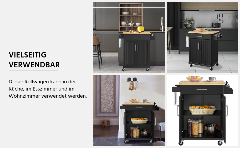 Кухонний візок Yaheetech з висувною шухлядою та 3 шафками, чорний, 66 x 45,5 x 91,5 см