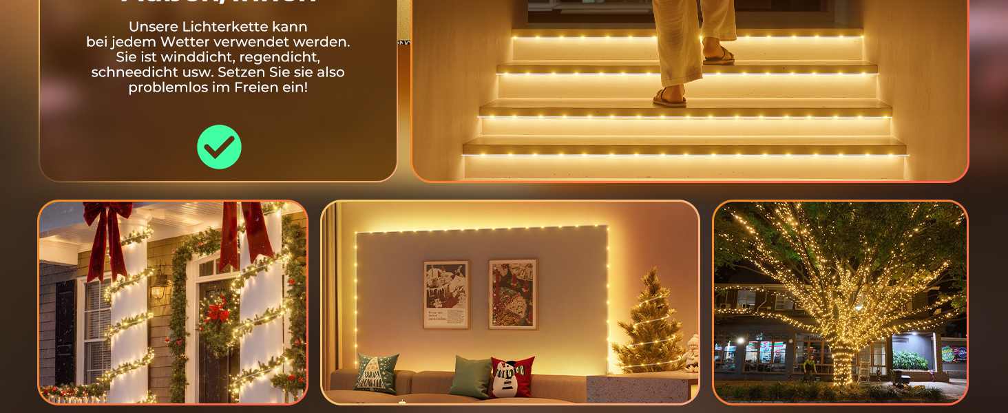 LED гірлянда для декорування приміщень та вулиці: 24 лампочки, 12м, RGB, тепле світло, 8 режимів, таймер, димування. Підходить для вечірки, саду, балкону, тераси, весілля, Різдва.