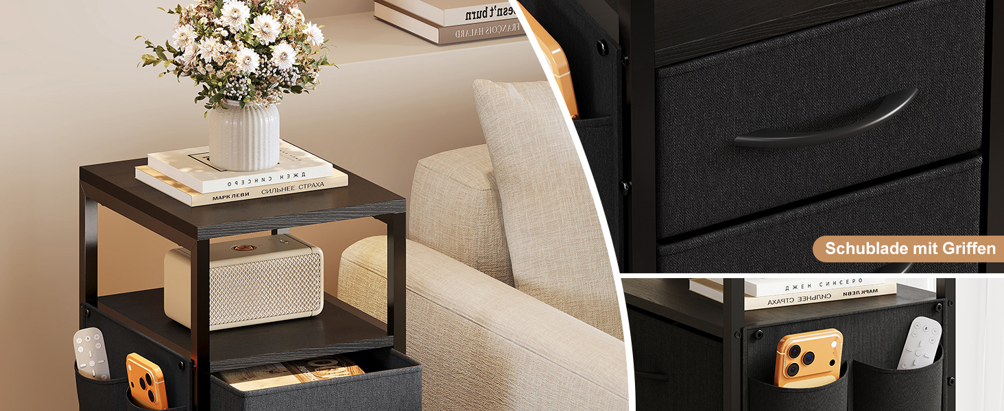 Нічний столик з підзарядкою та LED, приліжний столик з 3 висувними ящиками з тканини, нічний столик з полицею, відкрите відділення, 2 розетки AC, USB та Typ C порти, для спальні, вітальні, офісу (25x30x60 см, Чорний, 2)