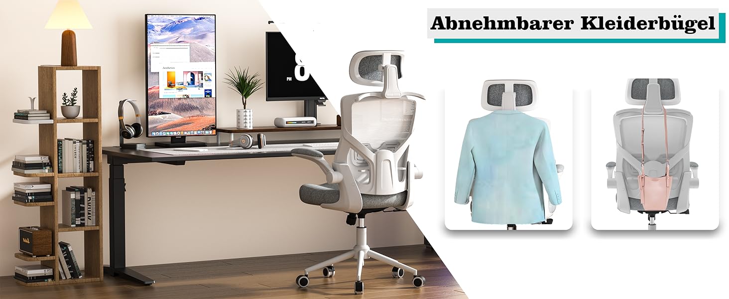 Ергономічне крісло для офісу з регульованою підголівником та поперековою підтримкою – високе офісне крісло з сітчастою спинкою та м'яким сидінням, вішалка для одягу та функцією блокування (білий та сірий)