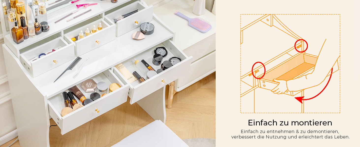 Трюмо COMHOMA з підсвічуванням, дзеркалом та прихованою LED-смугою, зі стільцем та 5 висувними ящиками, з розеткою, 3 колірні температури та регульована яскравість, білий