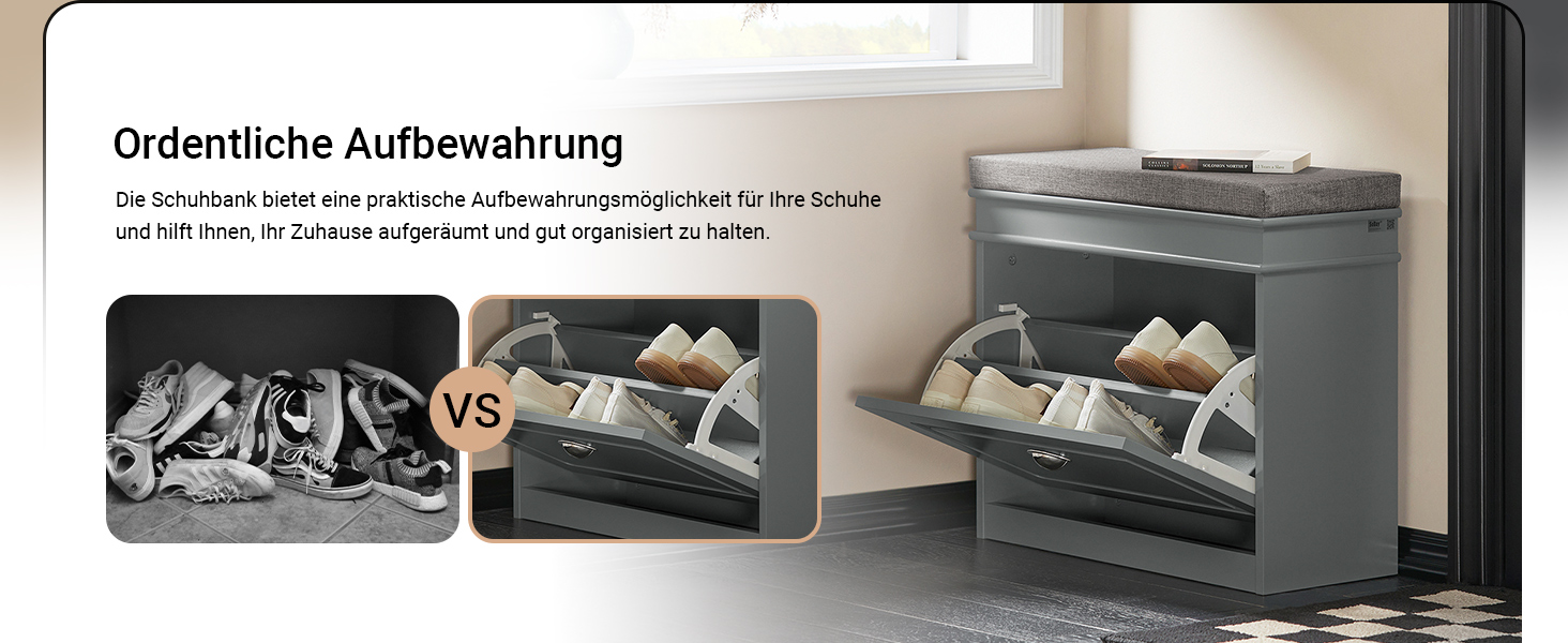 Полка для взуття SoBuy з подушкою для сидіння та місцем для зберігання, вузька, до 150 кг, сірий, 60x51x24 см