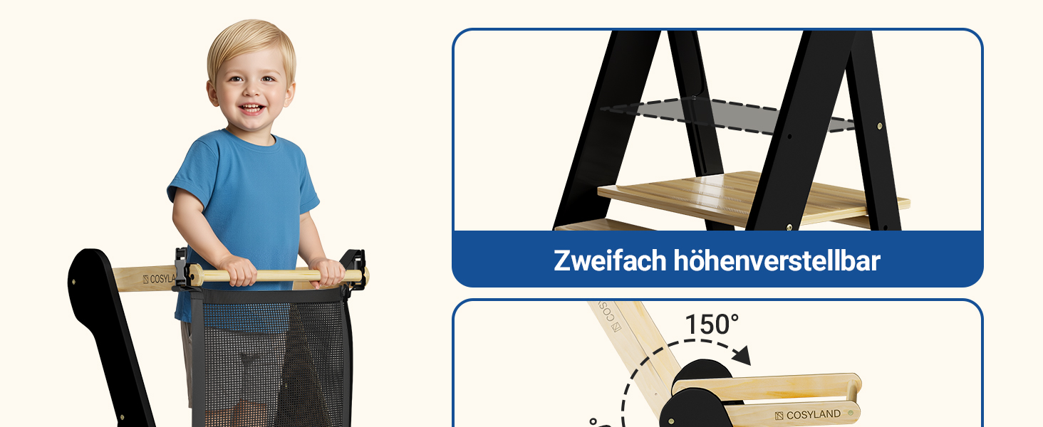 COSYAND Монтессорі стільчик-сходинка для дітей від 1 року, регульована висота, безпечний | Сходинка Монтессорі для кухні, сірий колір