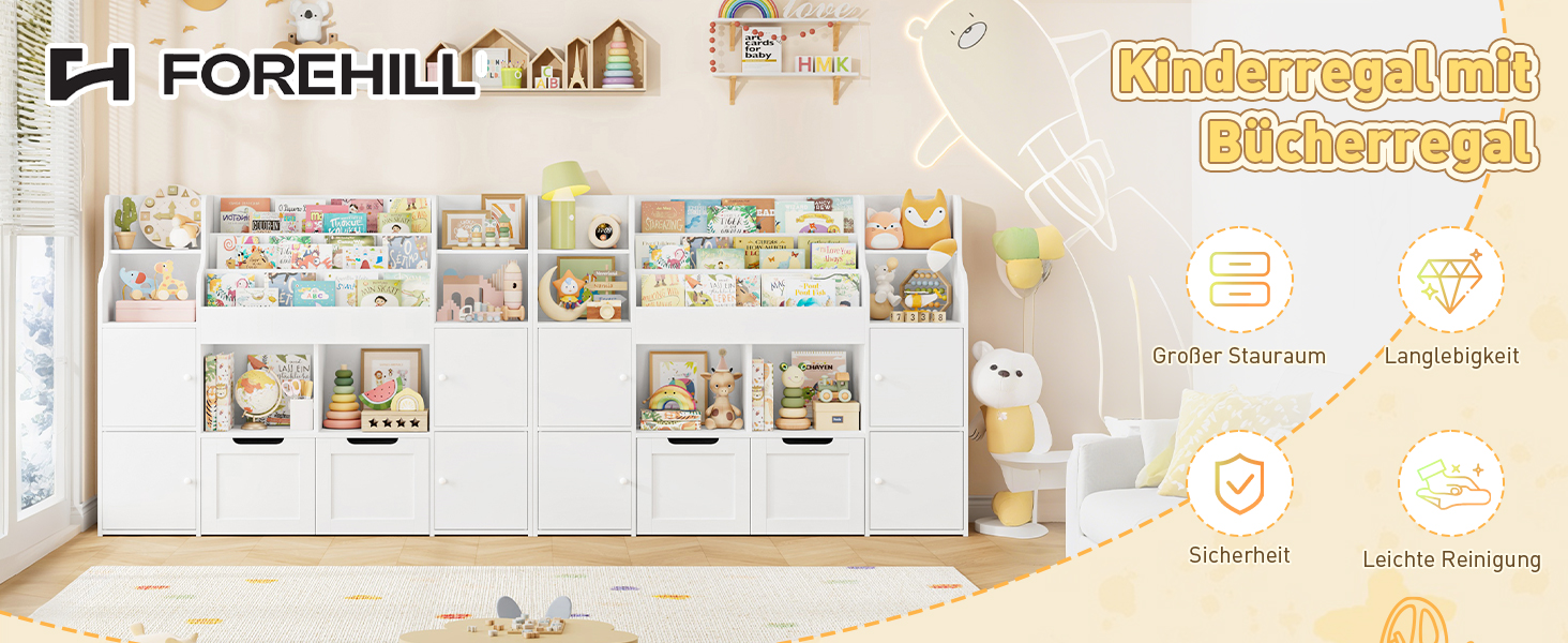 FOREHILL Дитяча полиця-стелаж для іграшок та книг, меблі для дитячої кімнати з ящиками, 122 x 30 x 100 см (білий)
