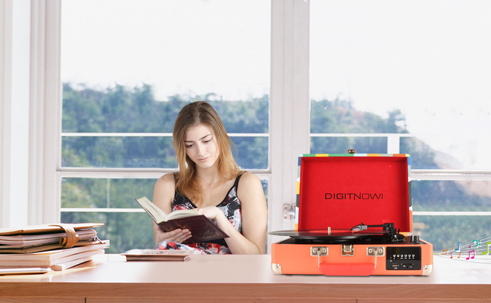 Вініловий програвач DIGITNOW! Bluetooth з вбудованими стерео-динаміками, підтримкою USB, SD, записом, 3 швидкостями (33/45/78 об/хв), радіо AM/FM, AUX, RCA-вихід
