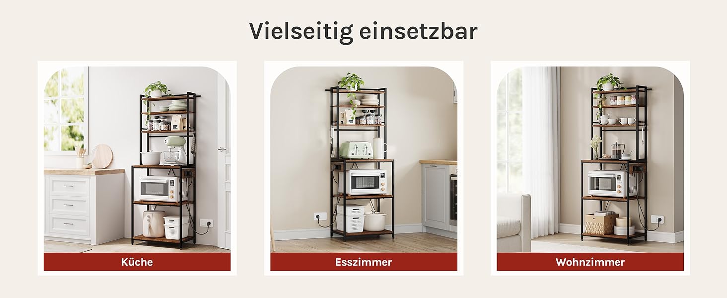 Кухонна полиця WOLTU з 6 ярусами, з розетками, мікрохвильова полиця з 6 гачками, полиця пекаря з металевим каркасом, регульовані полиці, Чорний+Рустикальне коричневий, 60 x 167 x 40 см