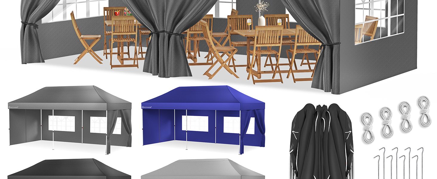 Павільйон KESSER® 6x3м з 6 знімними стінками, для саду, регульована висота, водовідштовхувальний, з сумкою, анкери, Pop-Up система, захист від UV 50+, для вечірок, антрацитовий колір
