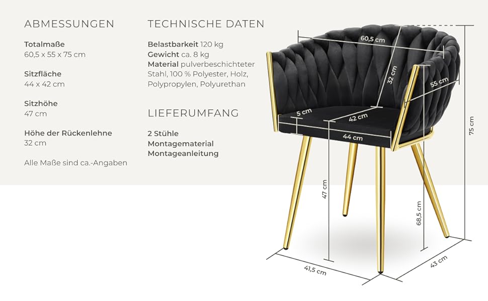 Крісла tectake® з оксамиту, комплект 2 шт., чорний/золотий, для вітальні, їдальні, туалетного столика