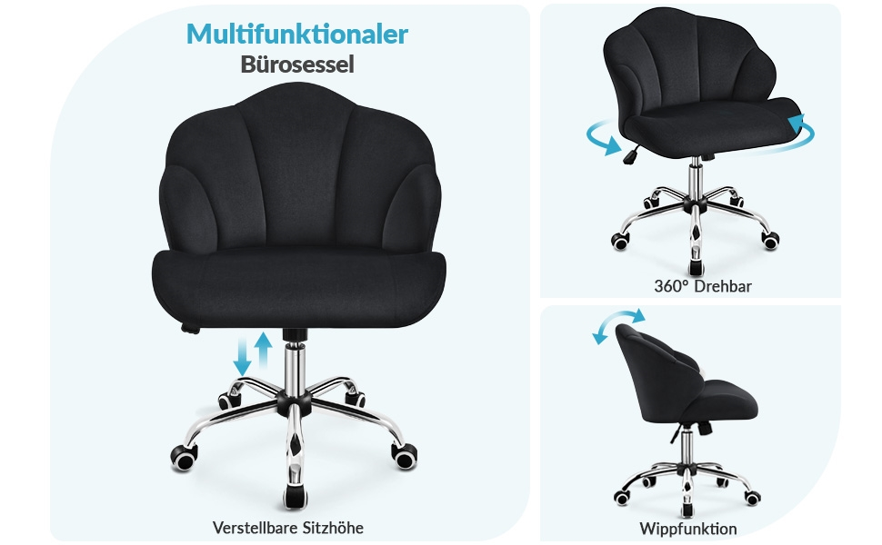 Крісло для дому та офісу Yaheetech, крісло для макіяжу, регульоване по висоті, поворотне, офісне крісло у формі мушлі з роликами, велюрове крісло, до 136 кг, білий (чорний)