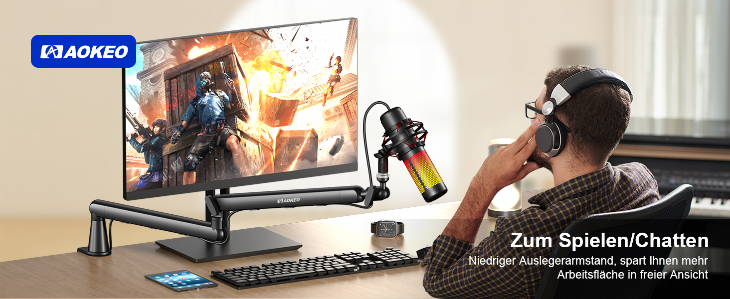 Мікрофонний стійкий тримач Aokeo AK-55 для столу, низькопрофільний, регульований, сумісний з Aokeo Yeti, Snowball iCE, HyperX QuadCast, SoloCast, Elgato Wave (Чорний)