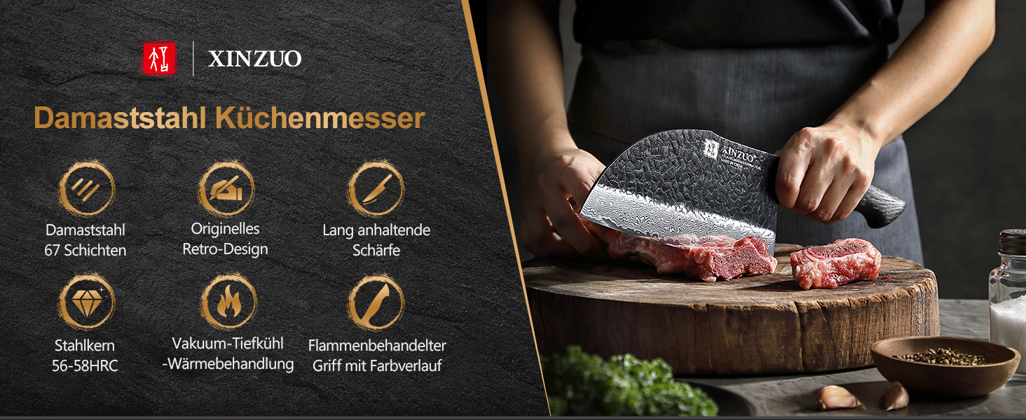 Ніж кухарський XINZUO Damaststahl 19,3 см з фінішною обробкою Hammer, професійний, з нержавіючої сталі Дамаск, з ергономічною ручкою з білого дуба, серія Mo