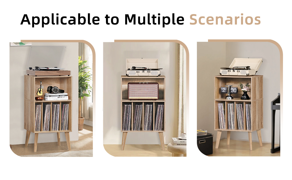 Підставка для програвача вінілу: місце для 160 платівок, органайзер для вінілових платівок, Mid-Century дизайн, дерев'яні ніжки, полиця для програвача, білий (дуб)