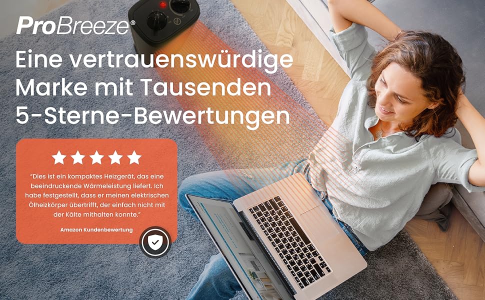 Про Breeze 2000W керамічний міні-нагрівач з холодною функцією та 3 рівнями потужності - для офісу, вітальні, спальні або тераси - Чорний