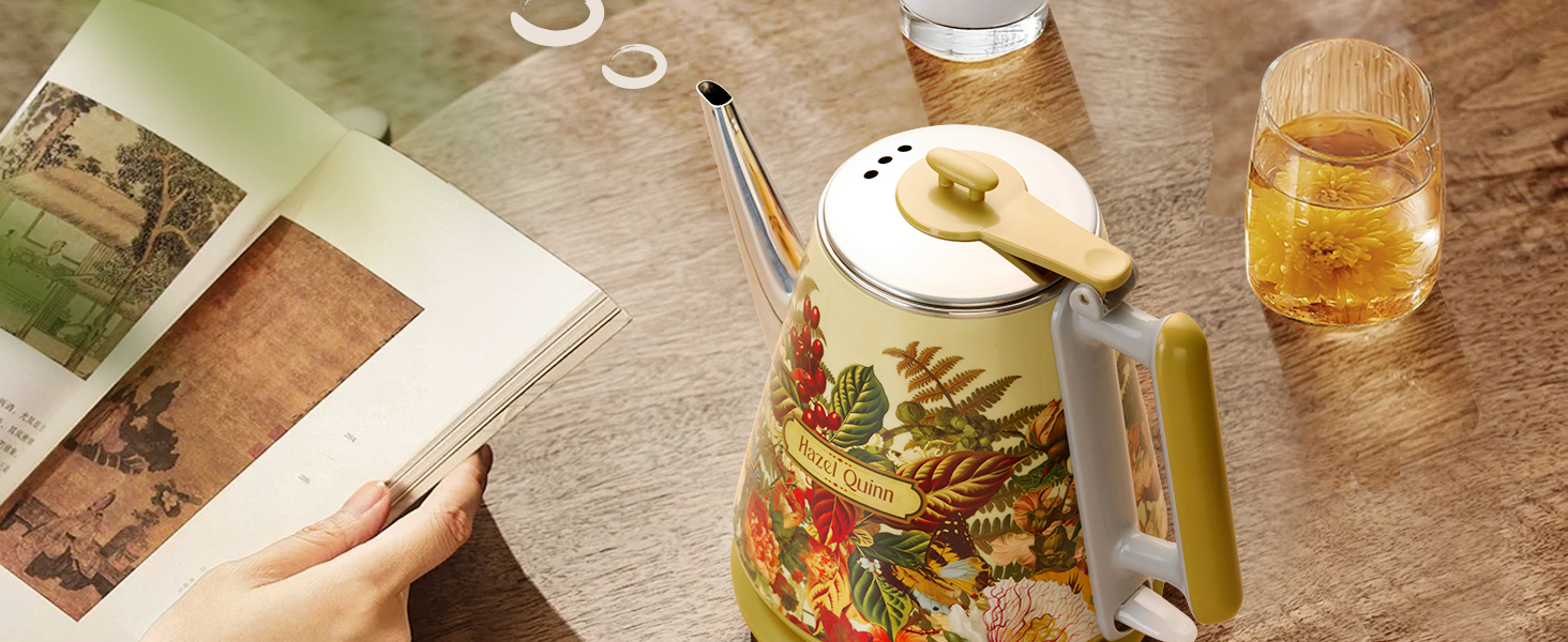 Електричний чайник Hazel Quinn, 1 л, ретро-дизайн, з нержавіючої сталі 304, 1360W, білий перламутровий (жовтий з квітковим візерунком), BPA-free, автоматичне вимкнення