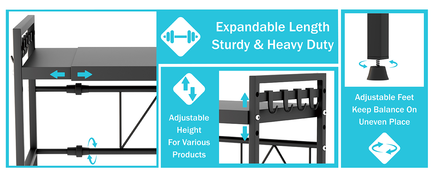 Регульована підставка для мікрохвильової печі, 2-рівнева розширювана, з вуглецевої сталі, з 8 гачками, чорна