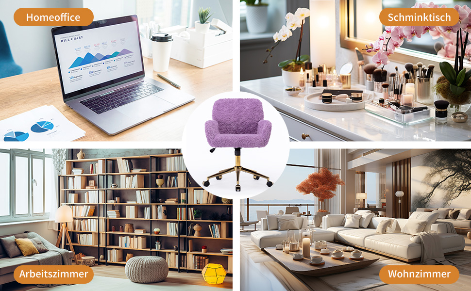 Офісне крісло Shenyon Beiger з оксамиту, регульований стілець для макіяжу на колесах з підлокітниками, фіолетовий