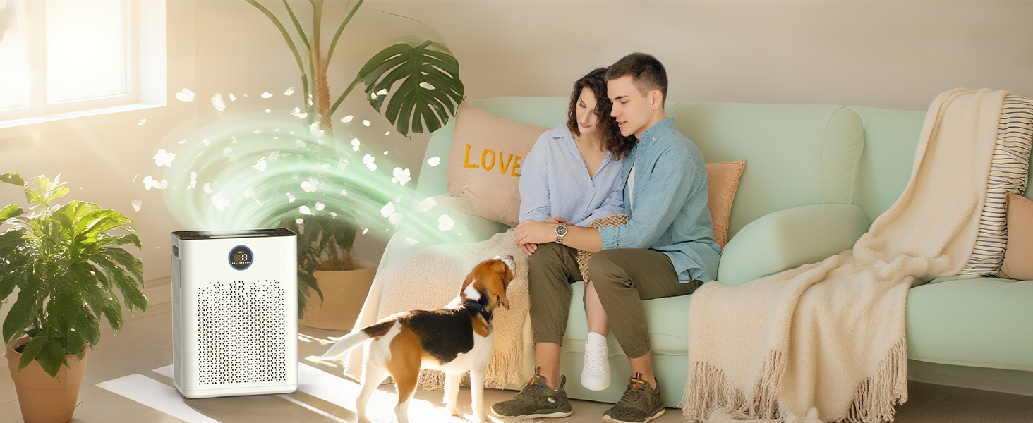 Повітряочисник з керуванням через додаток, HEPA фільтр H14, фільтр з активованим вугіллям, розумний дім, сумісний з Alexa, для великих приміщень (KJ3-7, 2x HEPA фільтри)