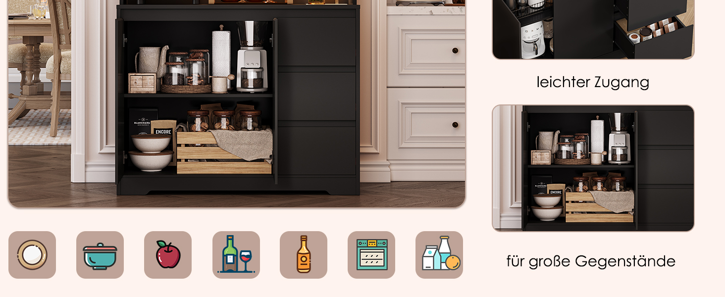 Чорний кухонний буфет з LED-підсвіткою, стільницею та 3 висувними ящиками, 180x100x38.5 см