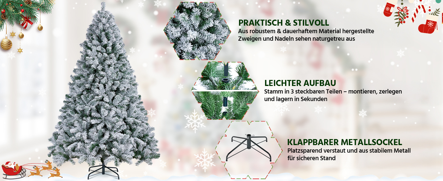 Штучна ялинка Yaheetech зі снігом 183 см (діаметр 120 см), 820 гілок, з металевим підставкою, швидкий монтаж, складана ялинка для дому