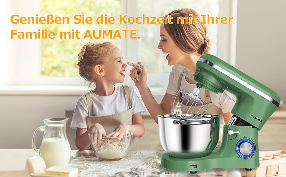 Кухонна машина AUMATE 1400W, 6.2 л, оливковий, з міксером та гаками для тіста