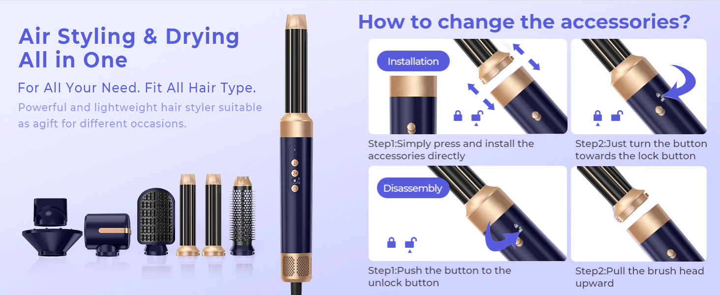 UKLISS Airstyler Pro 7-в-1: Фен-щітка з дифузором, 1400 Вт, 110000 об/хв для сушіння, завивки та випрямлення волосся (фіолетовий)