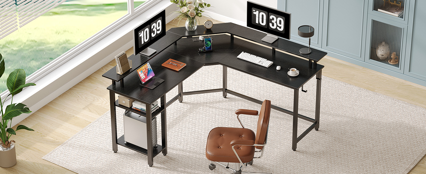 Комп'ютерний стіл Rolanstar L-подібний з RGB підсвічуванням та розетками, кутовий ігровий стіл, стіл для офісу, робочого кабінету, спальні (117 см, чорний, 137 x 137 x 87 см)