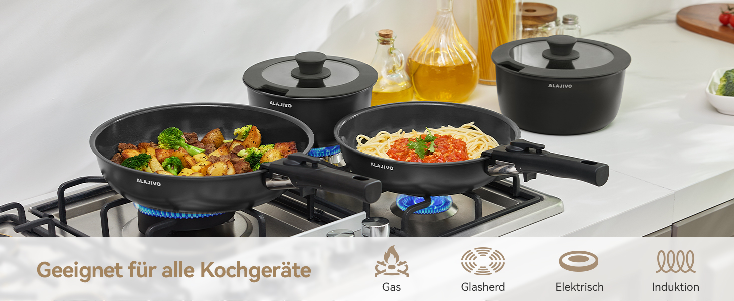 Набір каструль з керамічним покриттям 14 предметів, антипригарне покриття, індукційне дно, 24/28 см сковороди, для всіх типів плит, сумісний з духовкою