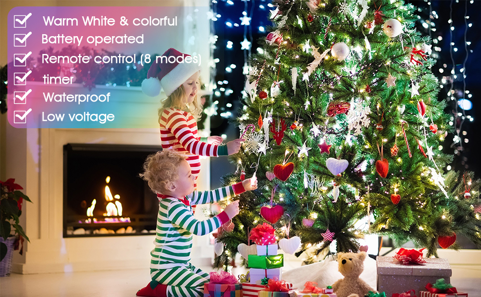 Ланцюжок прикрас з LED-лампочками на батарейках, 100 LED, 10 метрів, 8 режимів, пульт дистанційного керування, таймер, теплий білий, диммування, вологостійкий, для прикрашання на Різдво