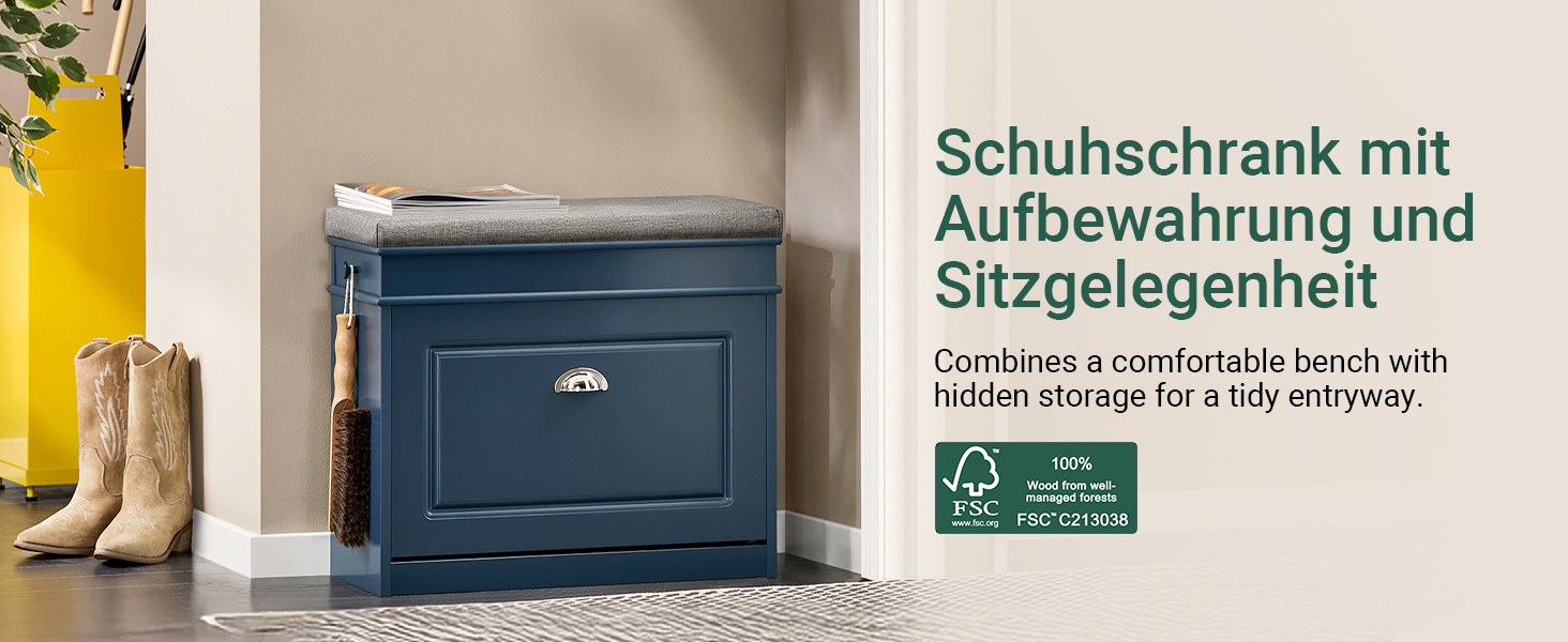 Полка для взуття SoBuy з сидінням та місцем для зберігання, вузька, 60x51x24 см, FSR82-K-HG (Короткий, Синій)