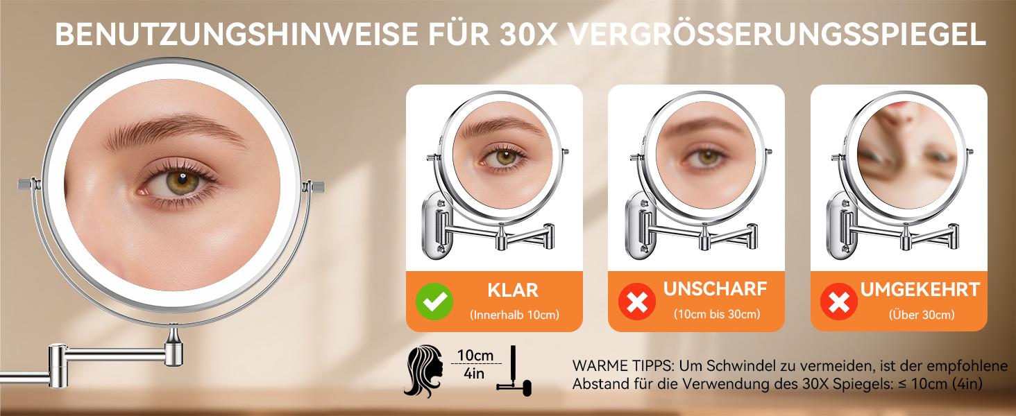 Дзеркало для макіяжу Auxmir з підсвічуванням 1X/30X, перезаряджуване, з LED, для гоління та макіяжу, настінне, поворотне на 360°, з 3 кольорами світла, 3200mAh, срібне