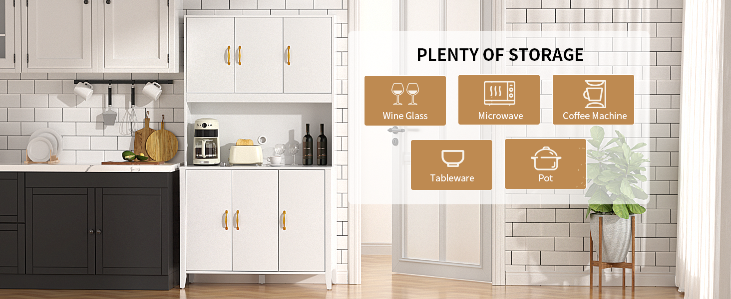 Кухонна шафа VOWNER з робочою поверхнею, буфет на 4 дверцята, шафа-вітрина, буфет з регульованими полицями, 80 x 40 x 180 см, для кухні, вітальні, офісу, їдальні (білий)