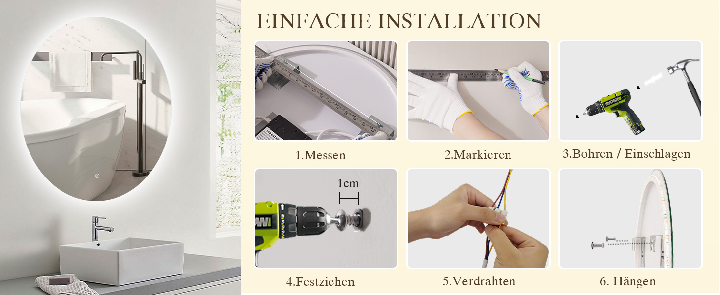 LED-дзеркало для ванної кімнати круглої форми 50 см з підсвічуванням, сенсорним вимикачем, регулюванням яскравості, 3 кольорами світла, функцією пам'яті, HD скло, захист від вибуху