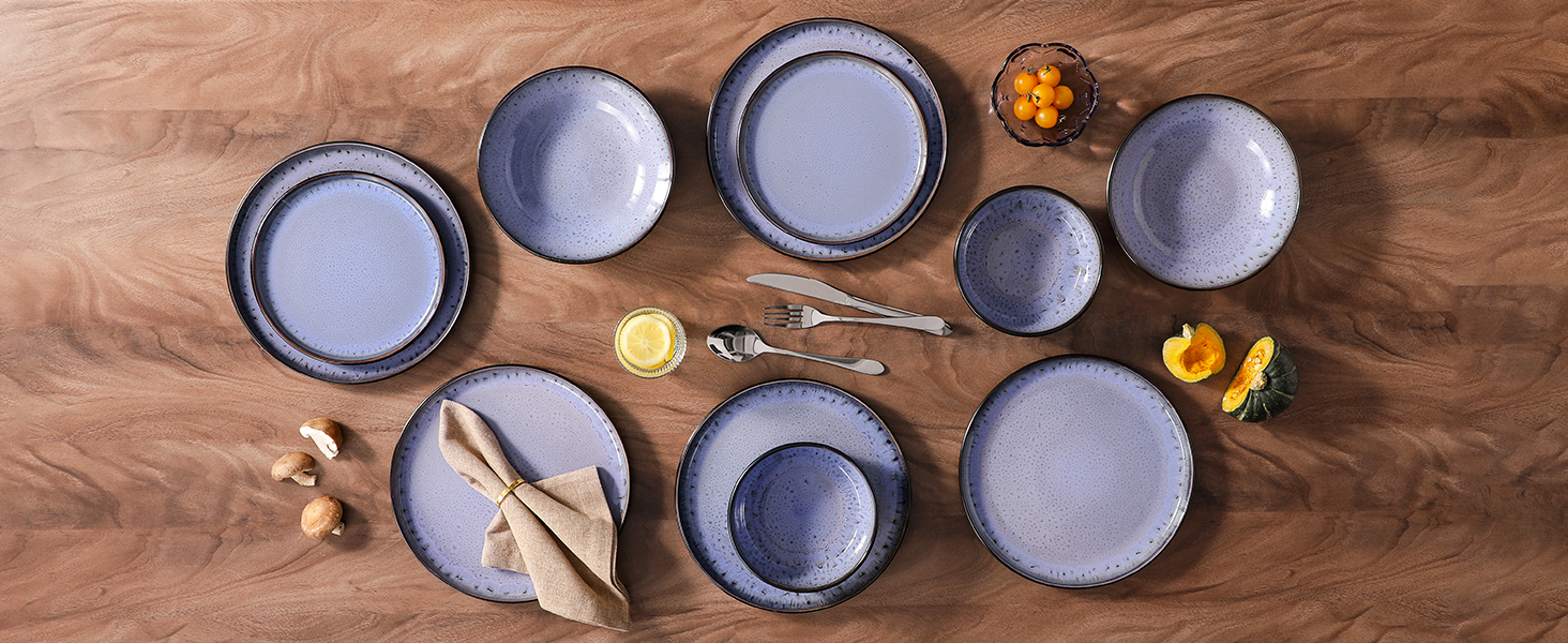 Набір посуду Steingut vancasso AMBER на 6 осіб (24 шт.): тарілки, супові тарілки, десертні тарілки, миски, реактивна глазур, колір фіолетовий, безпечний для миття в посудомийній машині