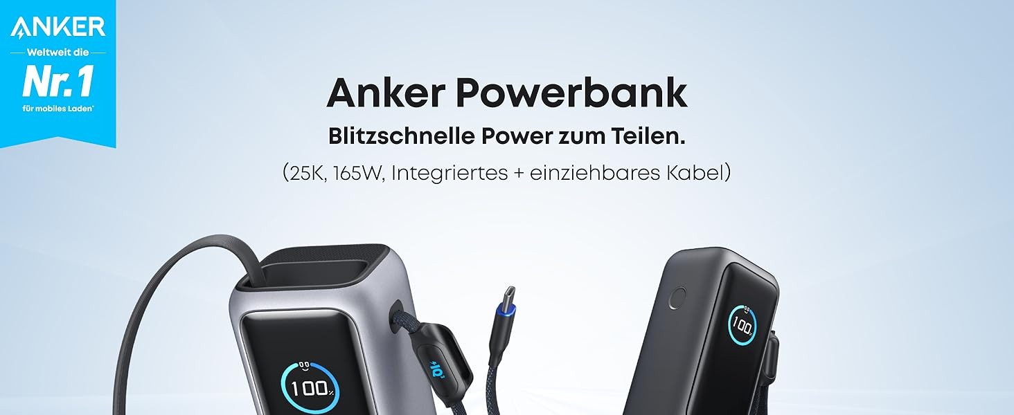 Powerbank Anker 25000mAh з 3 USB-C портами 100W, вбудований кабель, для iPhone, MacBook, Samsung та інших пристроїв (Срібний)