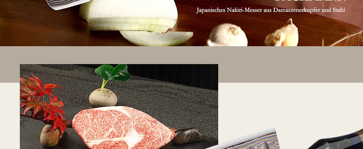 Набір кухонних ножів SHAN ZU Venus: професійний кухонний ніж з дамаської сталі (33 шари) та мідною ручкою, 20 см. (18 см Nakiri)